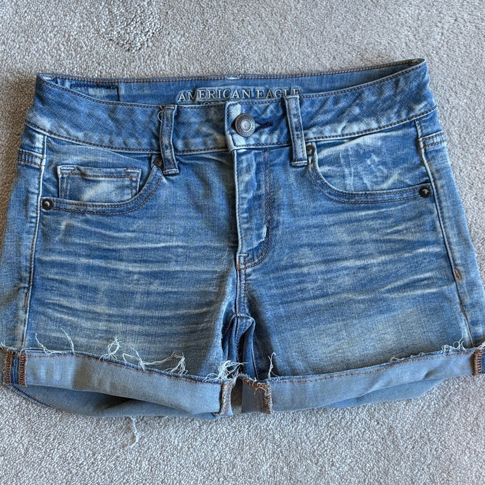 American Eagle Outfitters Light Blue Distressed Denim Roll-Cuff Shorts